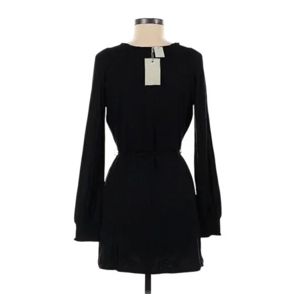 Boden Black Long Sleeve Tie Waist Keyhole Mini Dress 8 Petite Gathered Neck  NWT